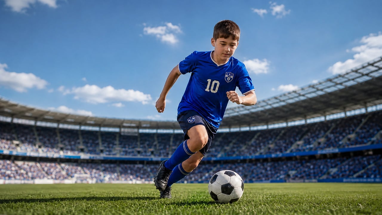 Youth soccer player dribbling on a professional stadium field